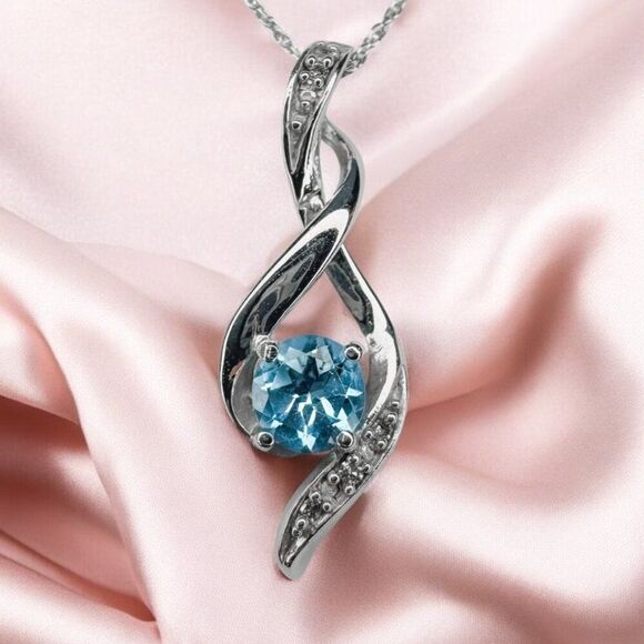 10K Gold- 1/2CT Blue Topaz Diamond Necklace -18"- White Gold - Round Cut -2g - Picture 1 of 16